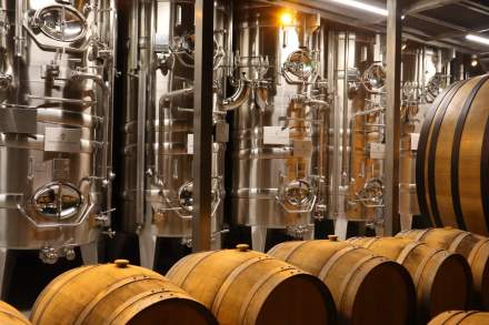 Rangée de cuves en inox pour vinification avec vannes et manomètres, devant plusieurs tonneaux en bois alignés – Fayet Hospitality
