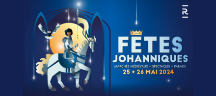 Affiche des Fêtes Johanniques avec chevalier en armure sur un cheval blanc, décor médiéval et dates de l’événement – Fayet Hospitality