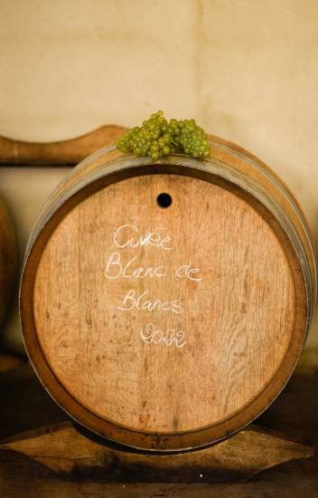 Tonneau en bois marqué “Cuvée Blanc de Blancs 2022” avec grappes de raisin posées dessus, dans une cave à vin, Fayet Hospitality.