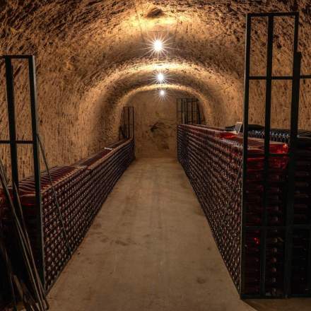 Cave voûtée en pierre avec rangées de bouteilles de vin rouge soigneusement stockées, atmosphère authentique – Fayet Hospitality