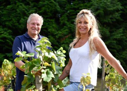 Deux personnes debout parmi des rangées de vignes verdoyantes avec arbres en arrière-plan, Fayet Hospitality.