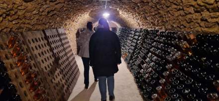 Couloir voûté en pierre avec rangées de bouteilles de vin sur pupitres, ambiance cave traditionnelle – Fayet Hospitality