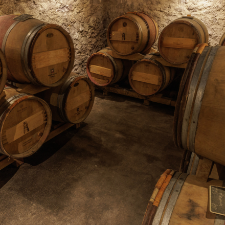 Cave en pierre avec plusieurs fûts en bois disposés sur des supports, atmosphère traditionnelle et authentique – Fayet Hospitality