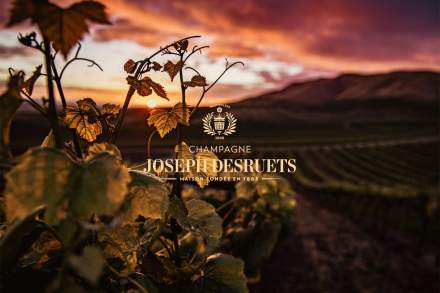 Vignes au coucher du soleil avec logo Champagne Joseph Desruets, paysage viticole élégant - Fayet Hospitality