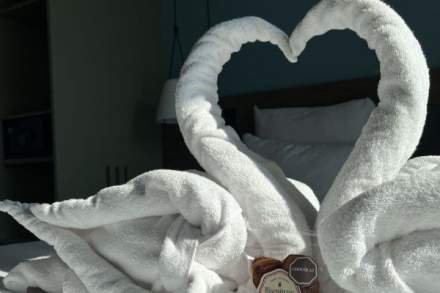 Serviettes pliées en forme de cygnes formant un cœur, décoration romantique sur un lit avec chocolats - Fayet Hospitality