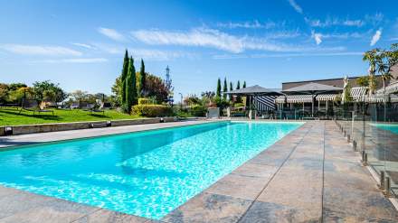 Grande piscine extérieure du Novotel Reims Tinqueux, entourée d’un espace terrasse avec transats, parasols et végétation, sous un ciel bleu dégagé.