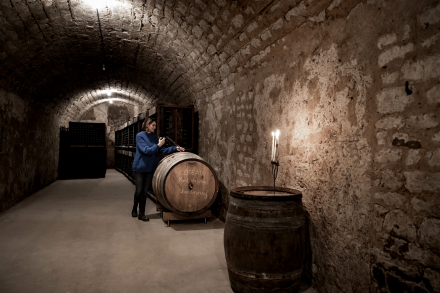 Tonneaux en bois dans une cave voûtée en pierre avec chandeliers allumés, ambiance authentique et traditionnelle - Fayet Hospitality