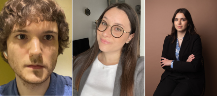 Montage de trois portraits côte à côte sur fond intérieur neutre – Fayet Hospitality